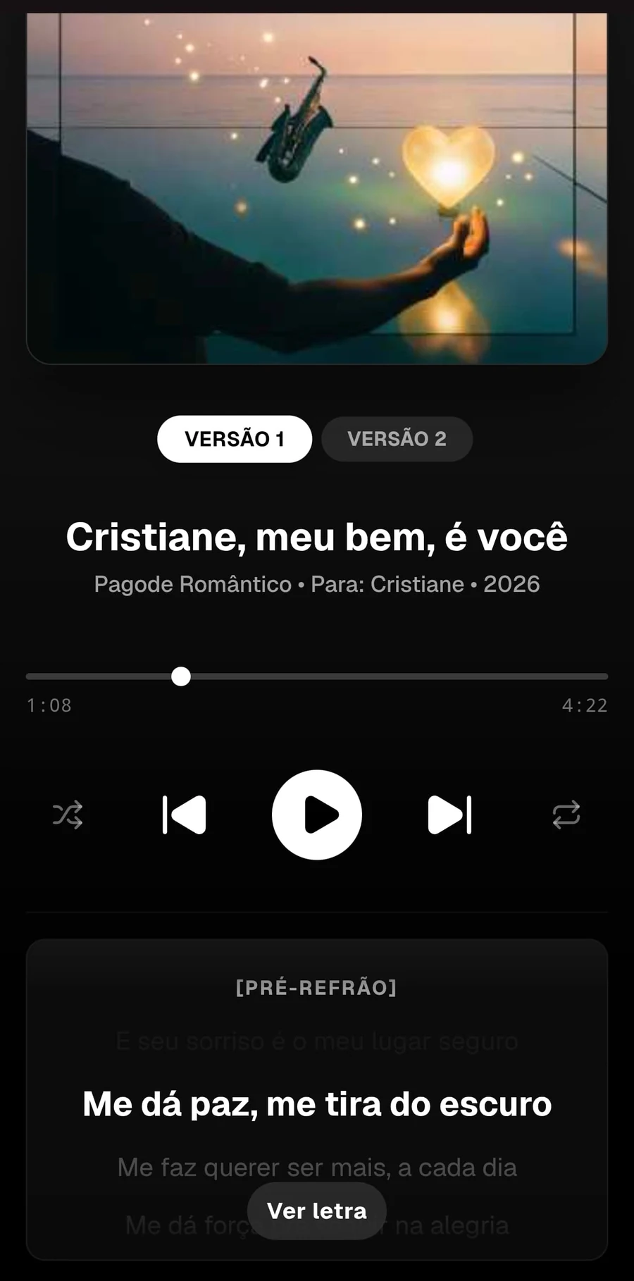 Player da Música que Fica com a música 'Cristiane, meu bem, é você' em duas versões