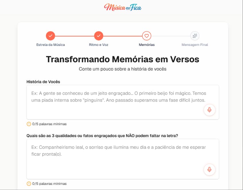 Tela do quiz da Música que Fica: perguntas guiadas para transformar memórias em versos